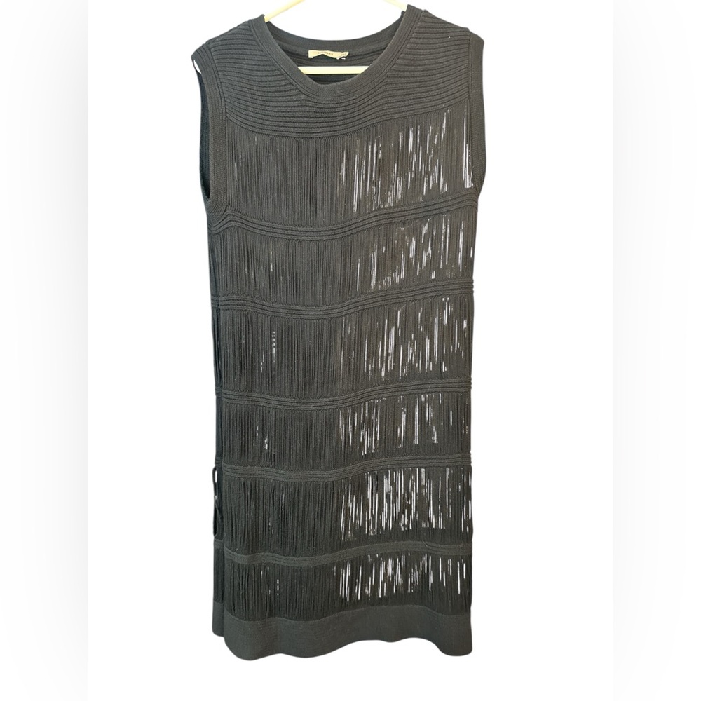 Thurley Fringe Knit Overlay Sleeveless Dress Black M/L Cocktail Resort Boho